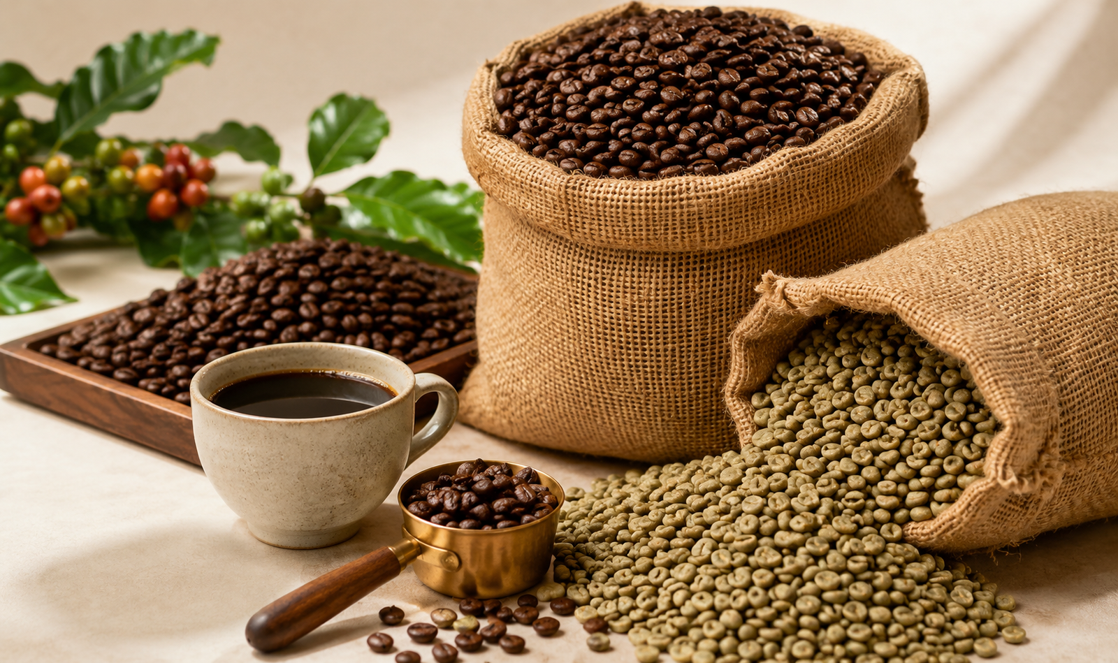 Indian coffee export hero image with green beans roasted beans jute sacks cupping spoon and coffee cup