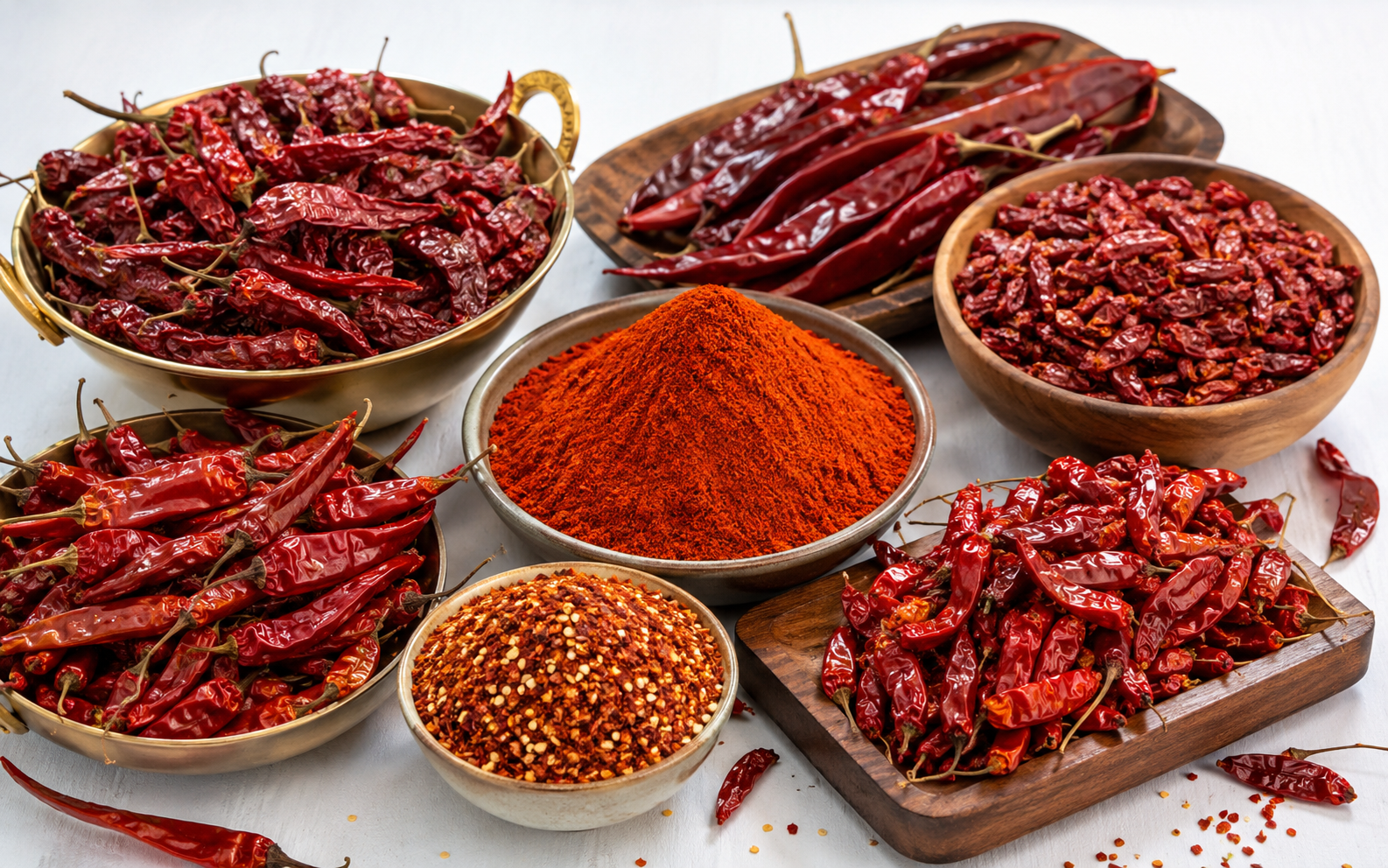 Indian red chilli varieties with whole chillies, chilli powder and chilli flakes