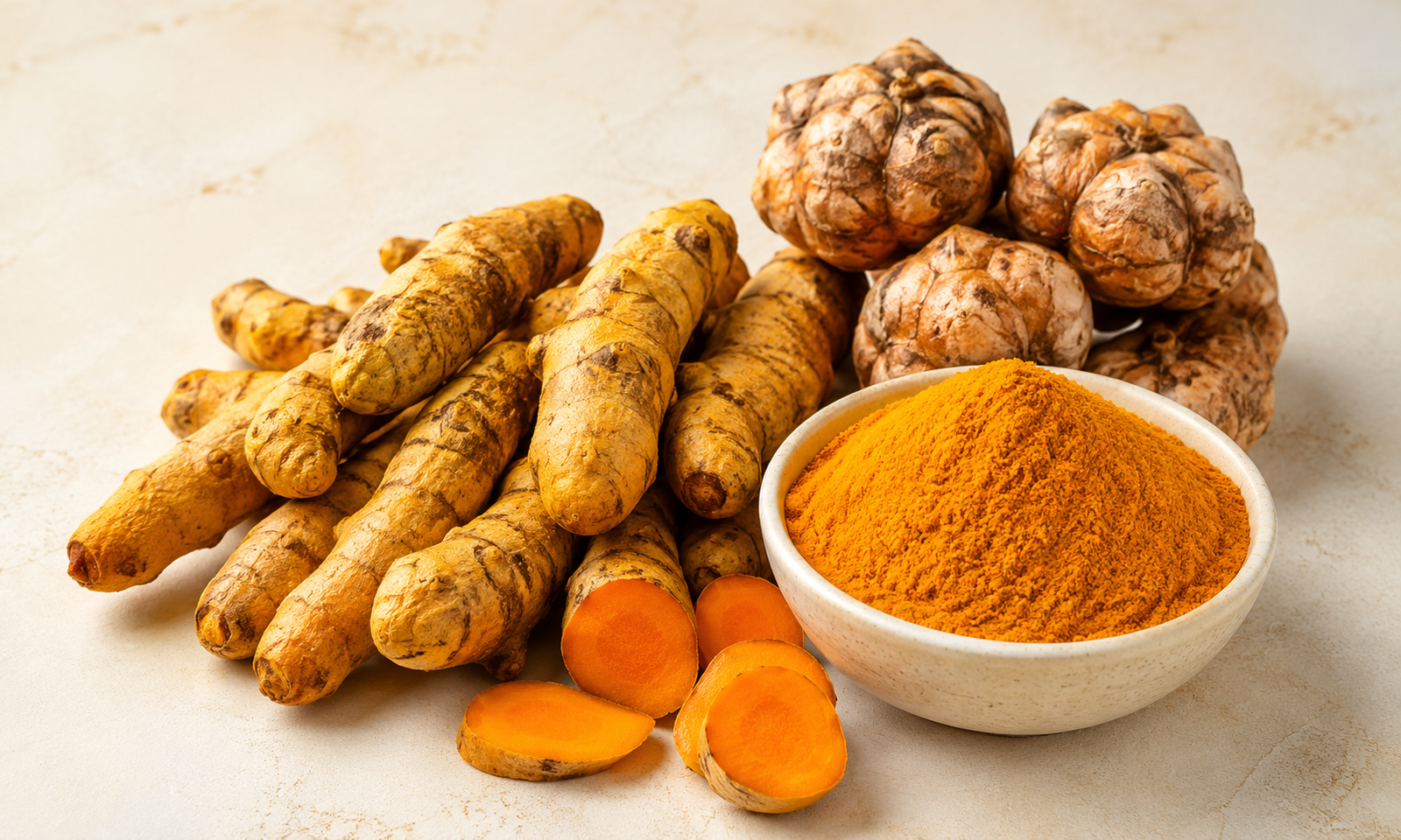 Indian turmeric export hero image showing turmeric fingers, bulbs and powder