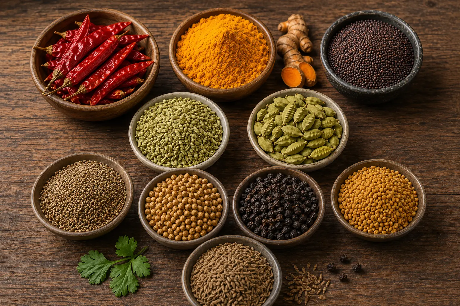 Indian spices assortment for export including red chilli, turmeric, cumin, coriander and black pepper