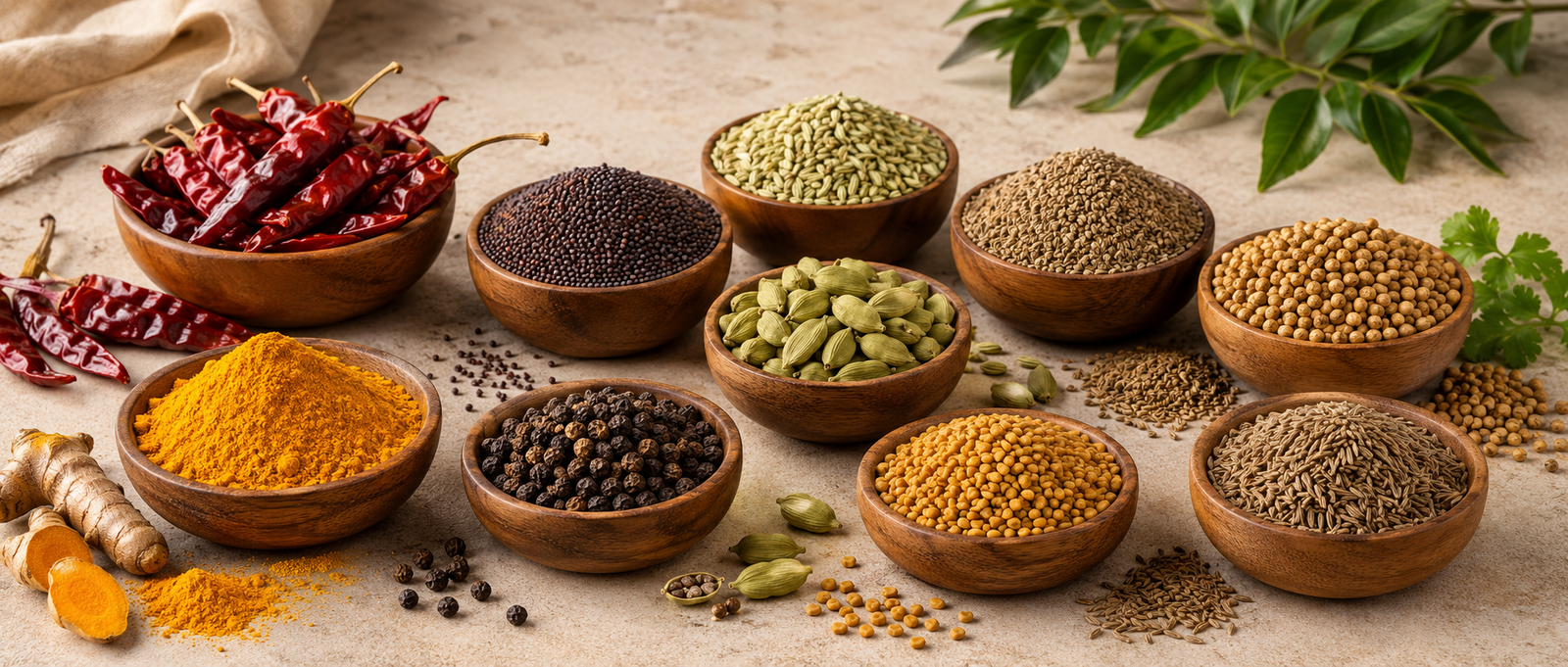 Indian spices exporter from India - red chilli turmeric mustard fennel cardamom ajwain coriander black pepper fenugreek cumin